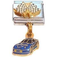 CT8236 Checkered Flag Blue Racing Car Dangle Italian Charm